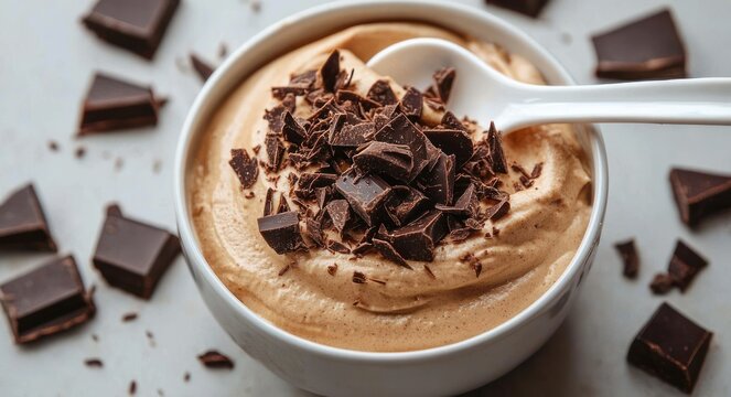 Creamy chocolate mousse in a white bowl topped with dark chocolate shavings, spoon inside and scattered chocolate squares, indulgent and comforting
