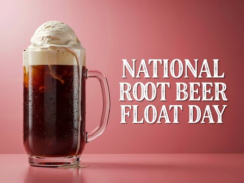 A chilled glass mug filled with a root beer float on a solid pink background for National Root Beer Float Day