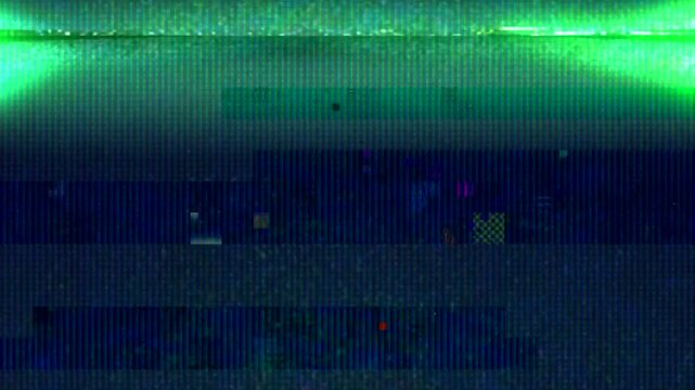 Fluorescent VHS tape noise and scan lines in retro 80s style overlay with bright television screen light glitches
