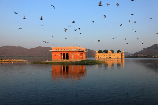 Jal Mahal reflected in the tranquil waters of Man Sagar Lake during golden hour in Jaipur, Rajasthan, India