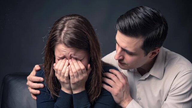 Supportive man comforting crying woman covering face with hands. Emotional scene of empathy and consolation. Panning camera movement.