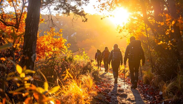 Hikers enjoying a scenic autumn forest trail during golden hour.