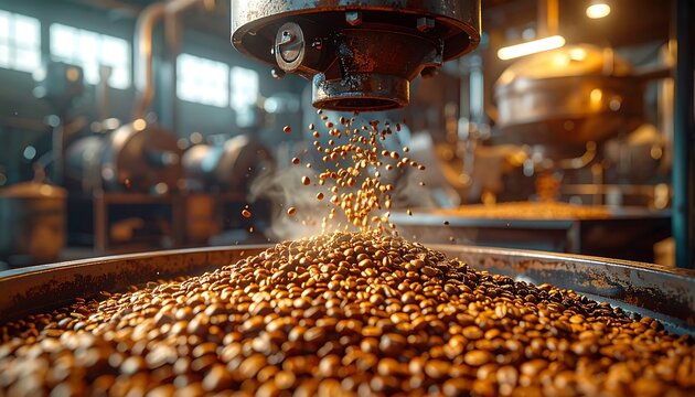Industrial coffee roasting process with beans falling into a large container.