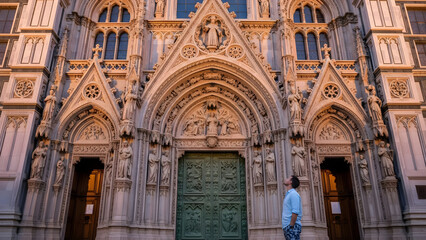 Obraz premium A lone man stands in front of a grand historic cathedral facade admiring the intricate stone carvings and arched architecture of the ancient religious structure