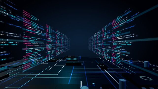 Flying through a corridor of code over a cyan circuit board data bus 3D animation seamless loop