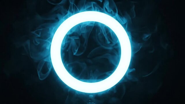 Minimal neon circular ring glowing softly over dark background, subtle volumetric haze, slow pulse animation, front centered camera, futuristic technology style, clean composition