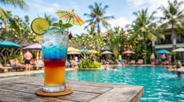 Colorful layered summer cocktail with lime and umbrella on wooden table. Tropical resort swimming pool with palm trees in blurred background.