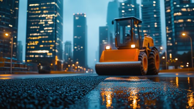 Road roller on city street at night