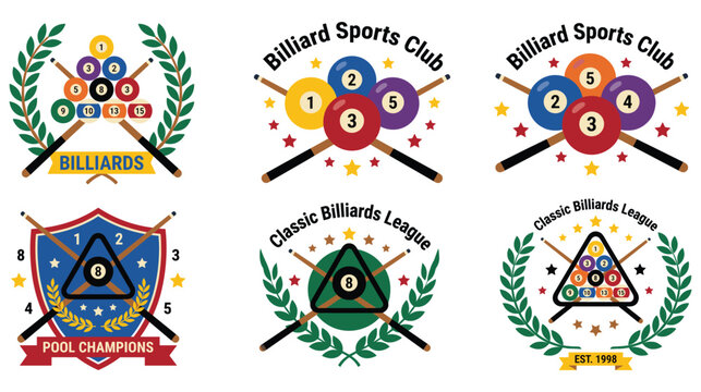 Billiard sport clubs and leagues emblems collection isolated on white background.