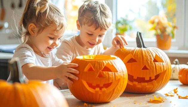 Two happy children carving pumpkins for Halloween celebration at home.