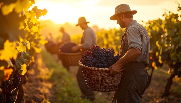 Vineyard workers harvesting grapes at sunset in a rural landscape.