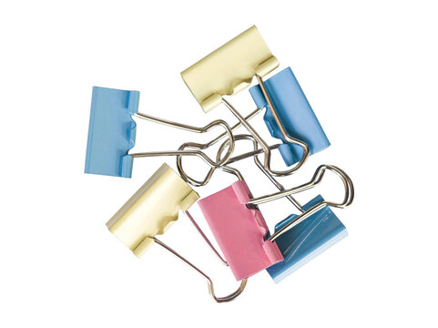 Colorful pastel binder clips pile isolated on transparent background, top view