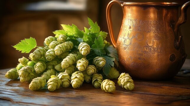fresh green hop cones with leaves on a wooden table beside an embossed copper mug, warm rustic cozy harvest still life