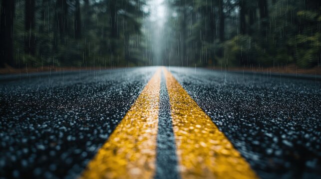 Road with yellow lines through the forest