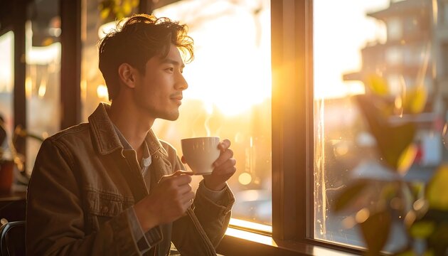 Young man enjoying coffee by the window at sunrise.