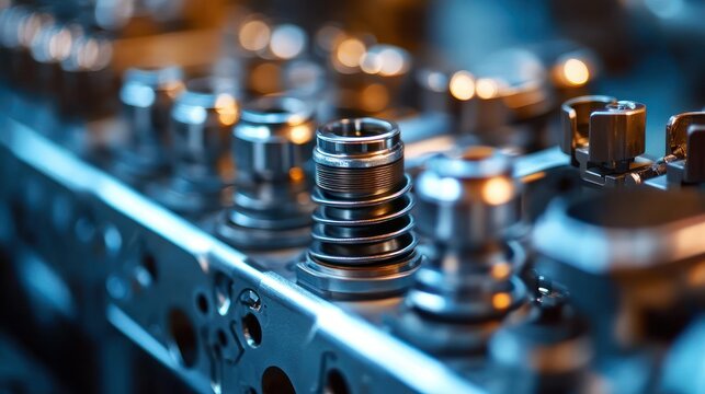 Close-up of metallic cylinder head with valve springs and retainers, shiny engine components bathed in cool blue light conveying precision and focused technical intensity