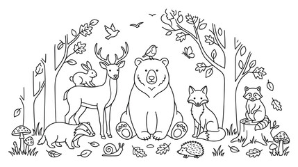 Forest animal scene with deer bear fox badger rabbit hedgehog snail birds and trees. © KALPANA AKTER