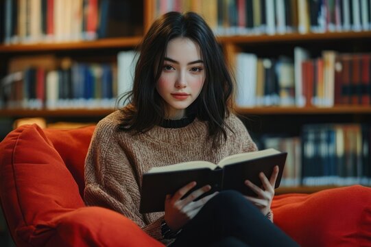 person sitting in a red armchair reading a book in a cozy library with bookshelves and warm lighting, calm focused and relaxed mood