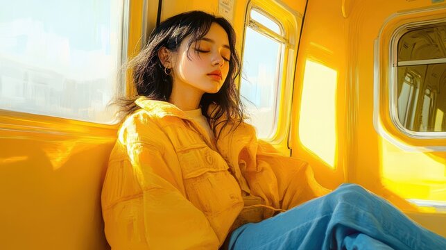 person in bright yellow puffer jacket sitting relaxed in sunlit yellow train carriage, contemplative and calm mood