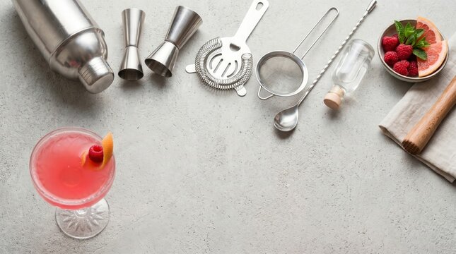 Pink summer cocktail in glass with professional bar tools. Flat lay composition on concrete background with copy space.