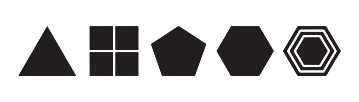 Minimalist black geometric polygon icons including triangle square pentagon and hexagon on checkered pattern.