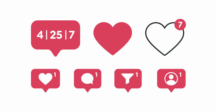 Set of social media notification icons featuring heart, comment, and profile activity indicators.