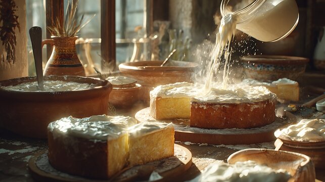 baking scene of ricotta cream being filled into sponge layers for Cassata