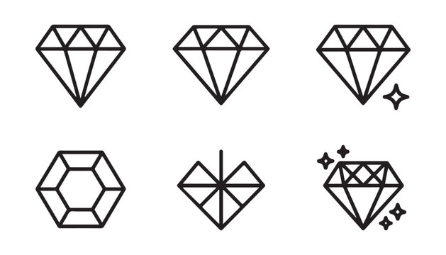 Set of diamond icons with line style designs for jewelry logos or web symbols on a dark transparent background.