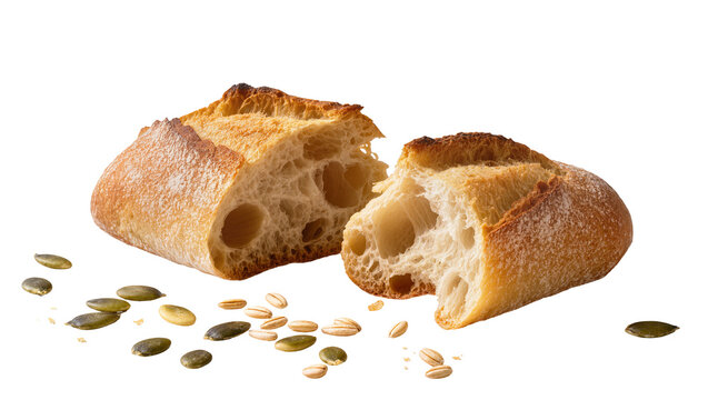 Isolated crusty bread loaf torn apart revealing airy crumb, with scattered pumpkin seeds and oat grains.