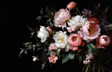 Fototapeta premium Lush bouquet of pink and white peonies with small purple blossoms and green leaves on a deep dark background, elegant and serene still life