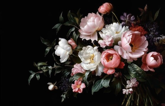 Lush bouquet of pink and white peonies with small purple blossoms and green leaves on a deep dark background, elegant and serene still life