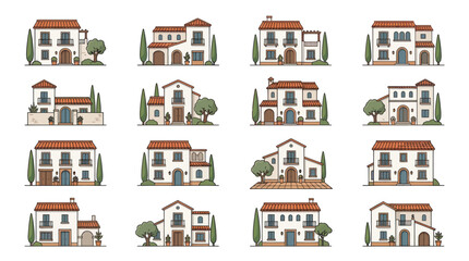 Fototapeta premium Collection of Diverse Mediterranean Villas and Houses, Spanish Architecture Style, Sunny Day Vector Illustrations