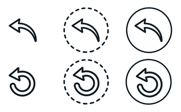 Undo and return arrow icon set with curved left arrow and circular loop in plain, dashed circle, and solid circle frames for UI design