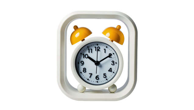 Isolated modern square alarm clock with yellow bells, ringing sound for wake up call