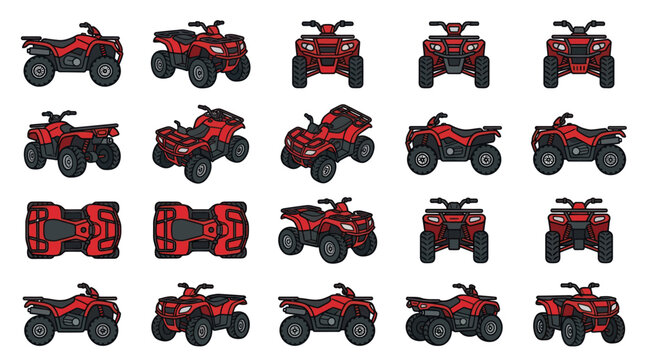Red ATV Quad Bike Collection: Multiple Angles and Views - Pixel Art Style
