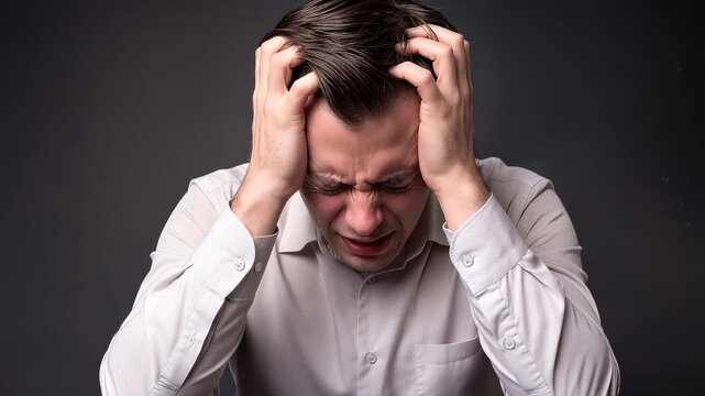 Stressed office worker clutching head in despair while looking at smartphone on desk. Mental health and workplace burnout concept. Tilt up medium shot.