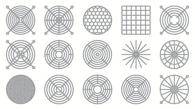 Collection of Computer Fan Grills and Protective Meshes in Various Geometric Patterns