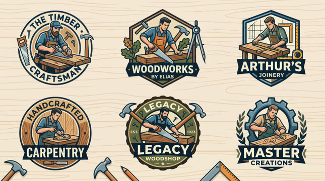 Set of Vintage Woodworking Logos: Craftsman, Carpentry, Joinery, Woodworks, Master Creations