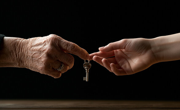 Two hands shaking over miniature house and coin stacks on dark background