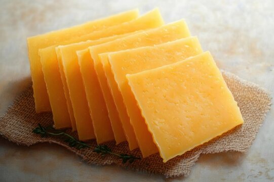 thinly sliced orange cheddar cheese arranged on burlap with a sprig of rosemary, rustic warm and appetizing still life