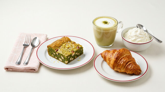 Matcha and white chocolate brownie served with a croissant, matcha latte, and whipped cream on a white linen tablecloth.
