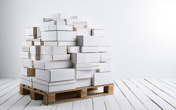 Stacks of White Paper Bundles on Wooden Pallets in a Bright, Minimalist Warehouse Environment