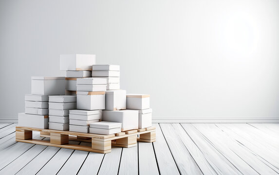 Stacks of White Paper Bundles on Wooden Pallets in a Bright, Minimalist Warehouse Environment
