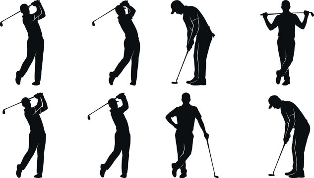 Golf player silhouettes, professional golfer swinging club, putting ball, standing in various poses, isolated on white background, sports illustration.