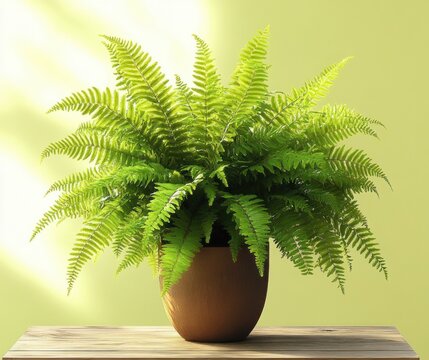 lush potted fern on a wooden table bathed in soft sunlight against a pale green background, fresh and tranquil