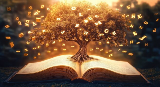 open book with a large tree growing from its pages, glowing golden letters floating and swirling in warm sunset light, evoking wonder, magic and imaginative discovery