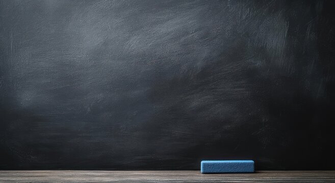 empty black chalkboard with faint chalk smudges, wooden ledge and a single blue eraser, calm minimal classroom scene suggesting readiness and quiet anticipation