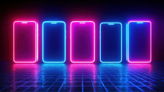 row of five glowing neon smartphone outlines in alternating pink and blue on a reflective tiled grid floor, futuristic cyberpunk vibe and vibrant electric glow