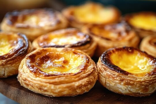 Warm golden custard tarts with caramelized tops on flaky puff pastry, fresh from the oven in an inviting close-up on a wooden serving board