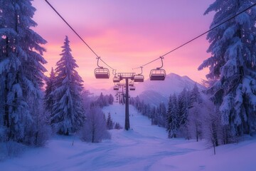 Obraz premium empty ski chairlift gliding above a snow-covered trail flanked by frosted pine trees toward a distant mountain under a pastel pink and purple sunrise, tranquil and magical